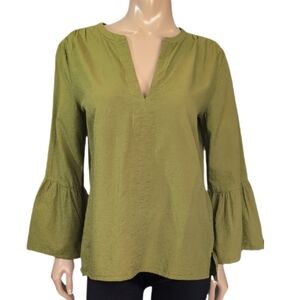 Ann Taylor Bell Sleeve Blouse Womens Size Medium Split Vneck Green Tunic Top